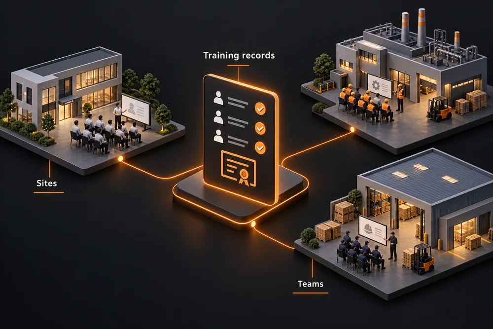 Illustration of office, factory and warehouse teams connected through a training platform
