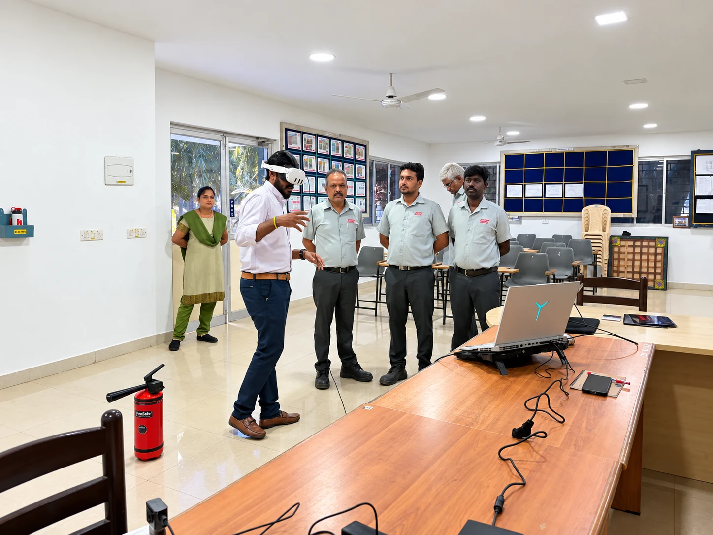 AI-enhanced event photograph of a team with a laptop, headset and training equipment
