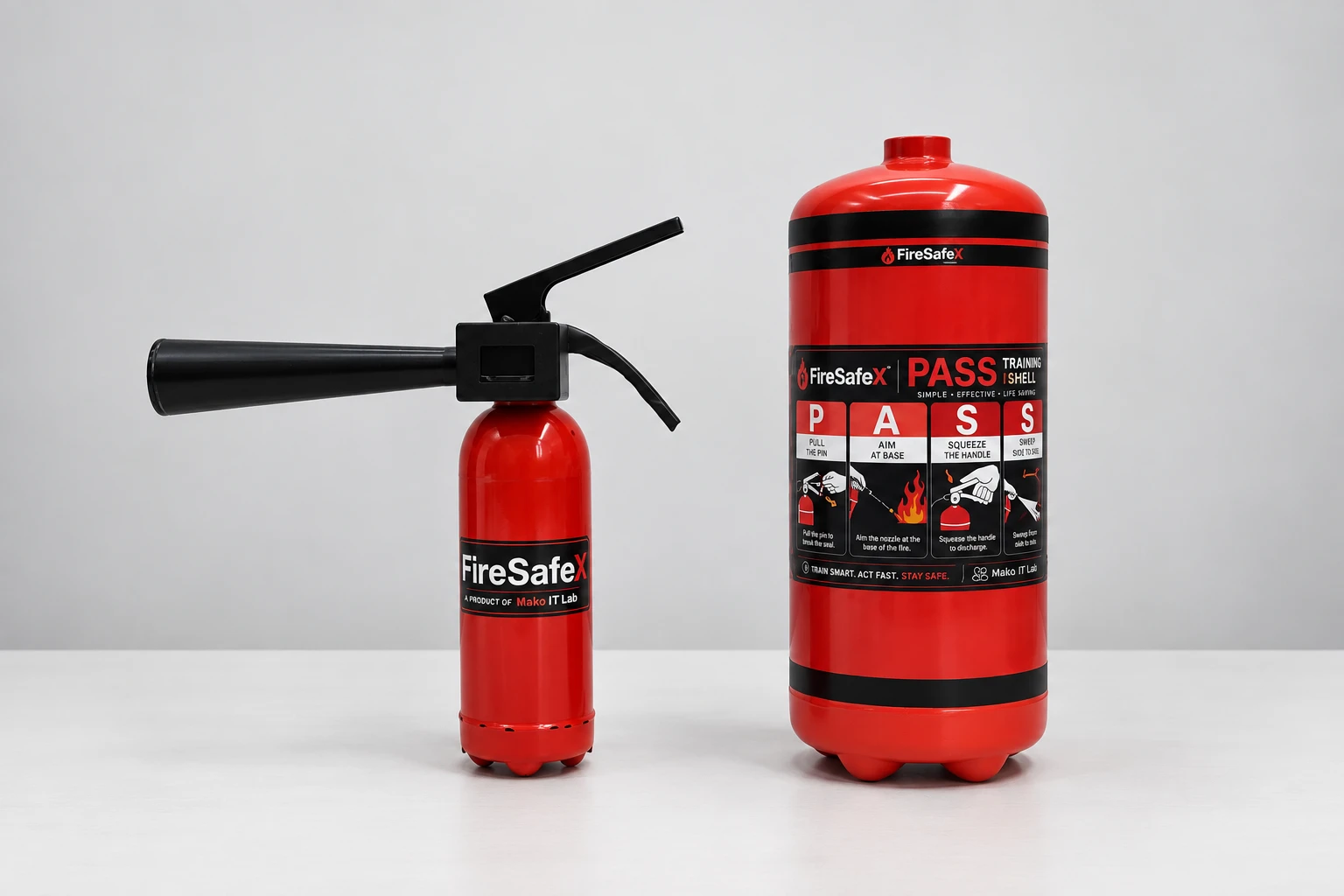 AI-enhanced product photo of the FireSafeX smart extinguisher and larger training shell on a tabletop