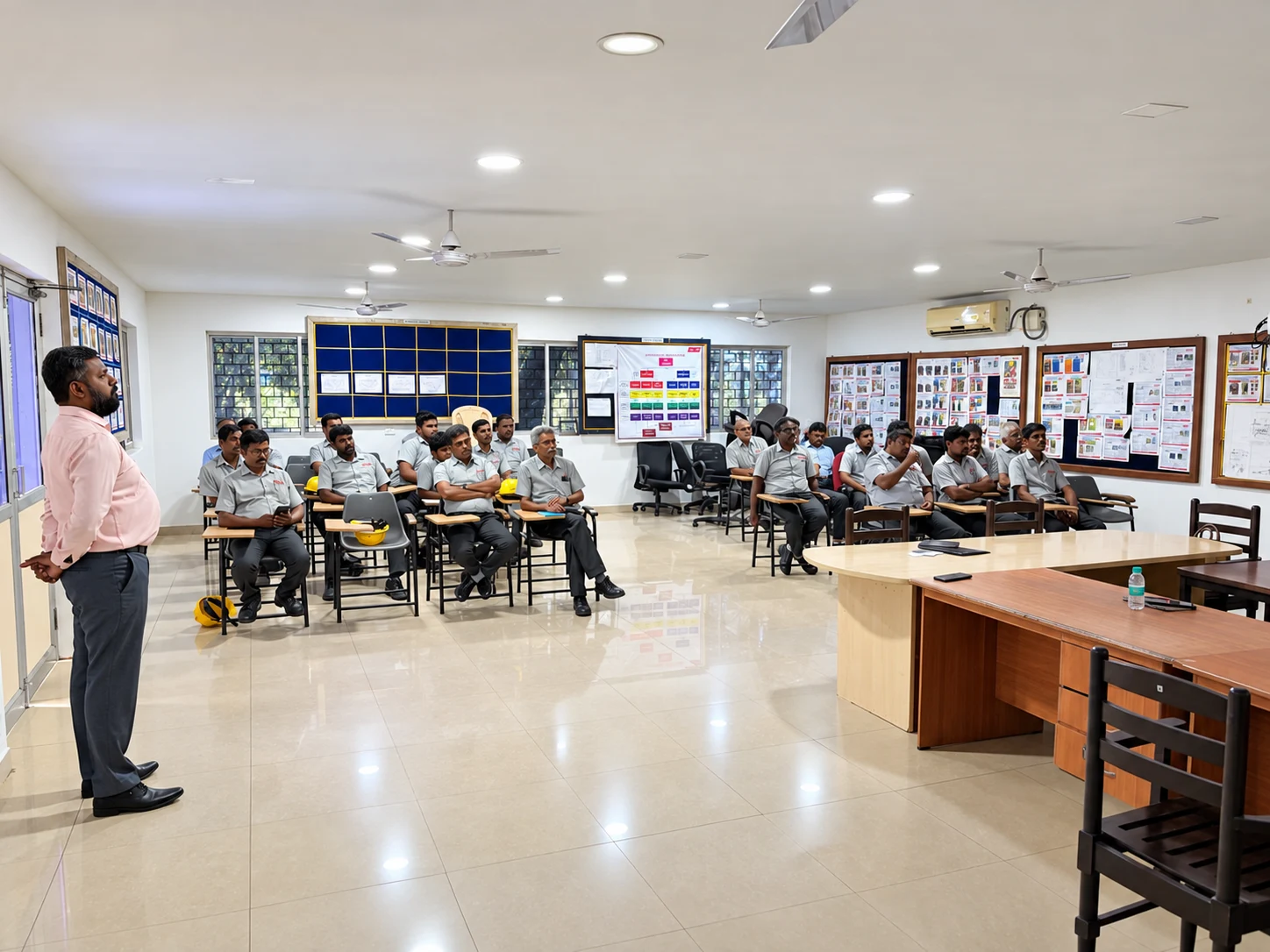 AI-enhanced event photograph of an instructor and employees in a classroom session