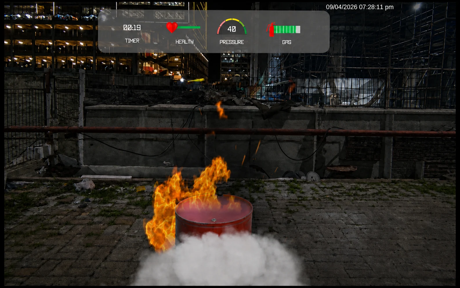 Simulated fire in a physical environment, viewed through the headset.