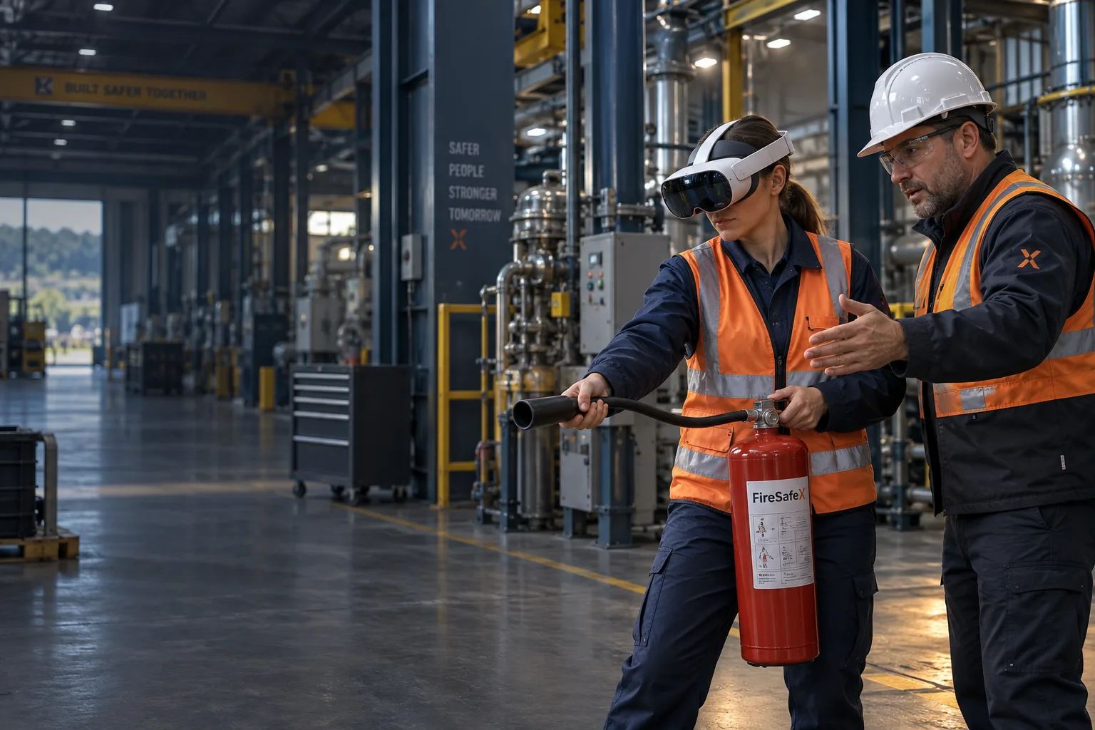 FireSafeX industrial fire safety training with a mixed reality headset, extinguisher and instructor on a factory floor